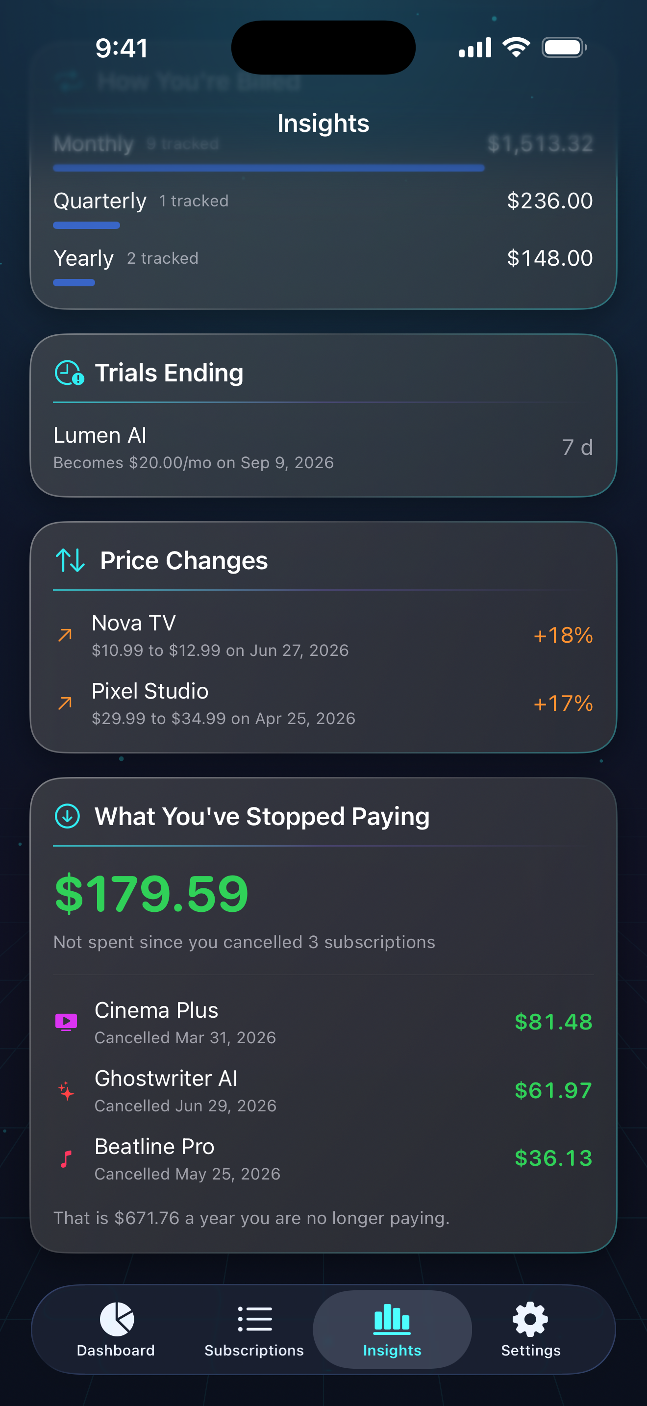 Original Subvanta Savings and insights app screen