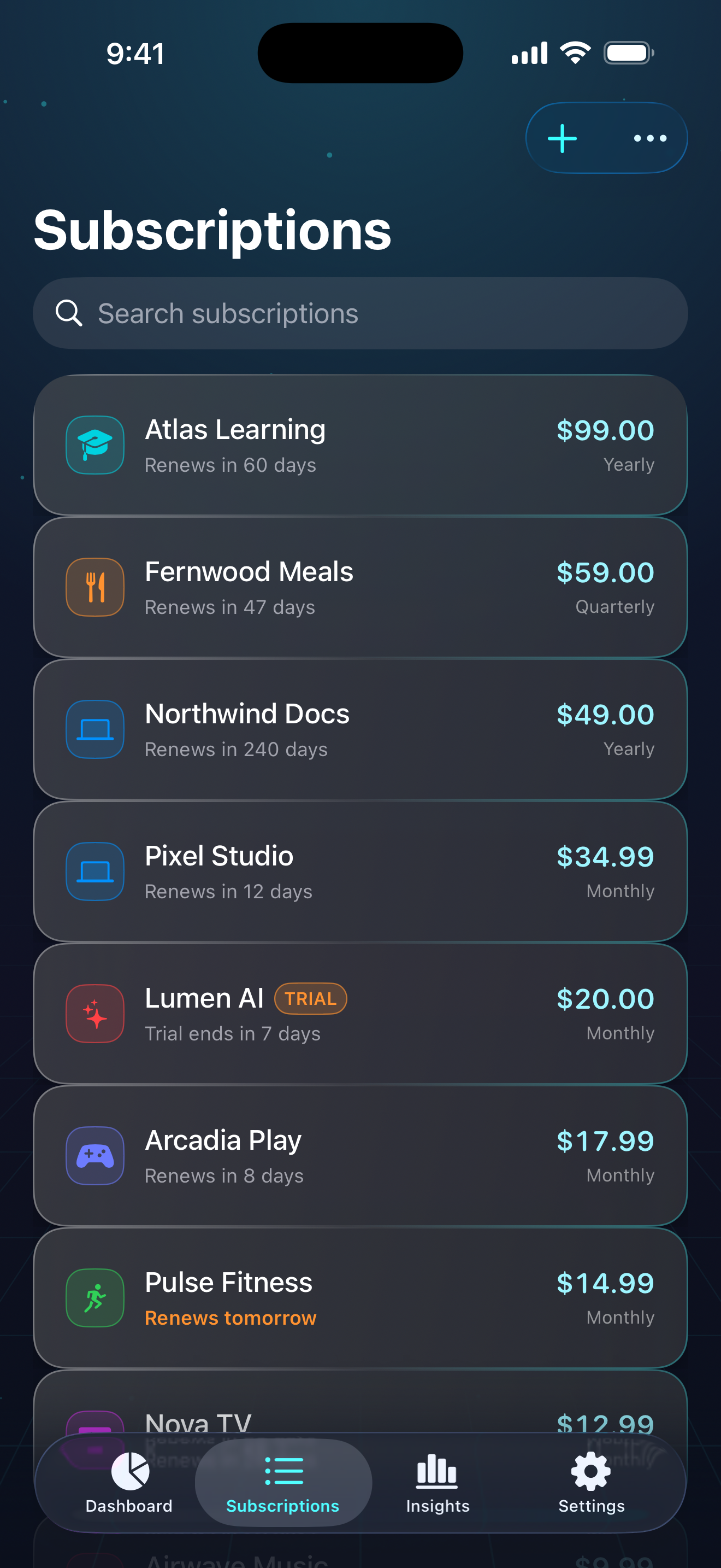 Original Subvanta Subscriptions app screen