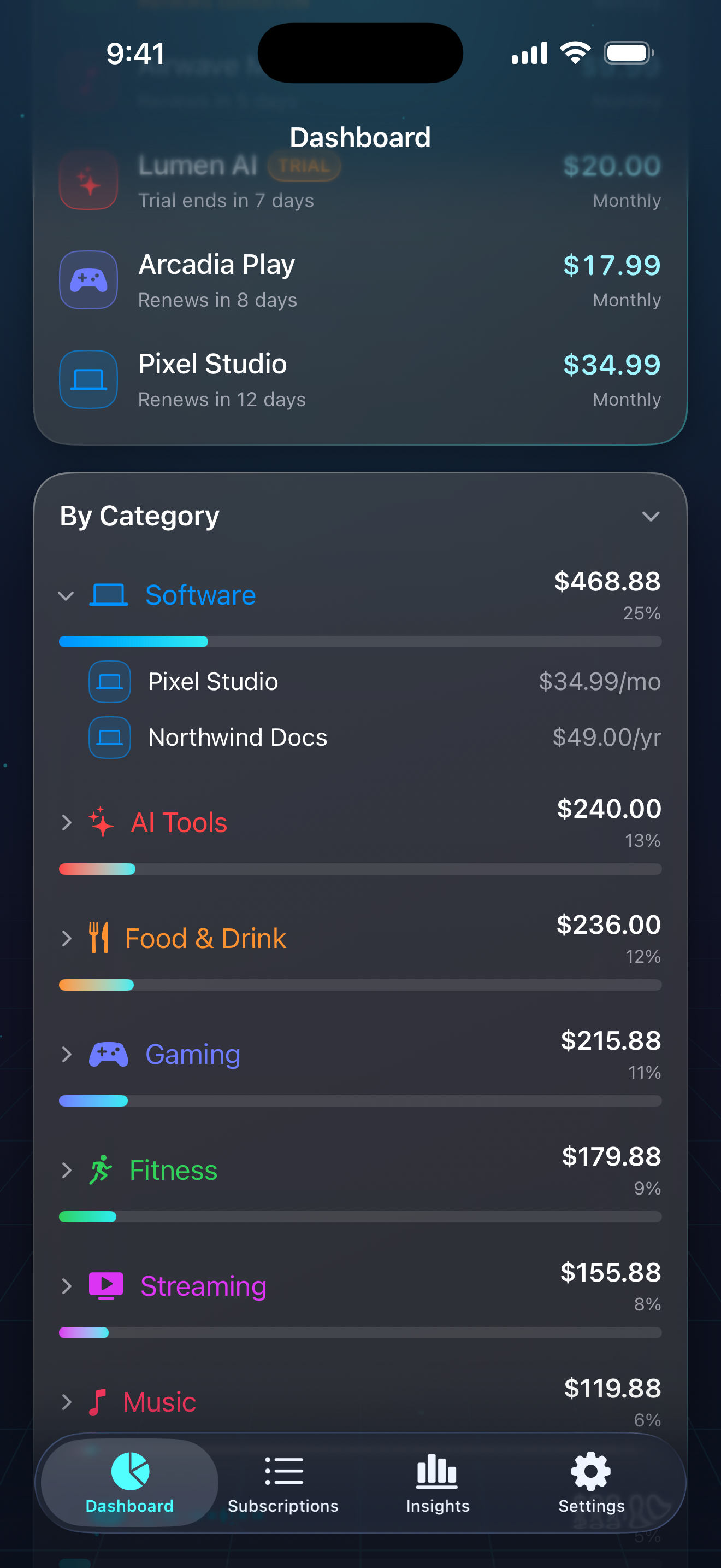 Original Subvanta Categories app screen