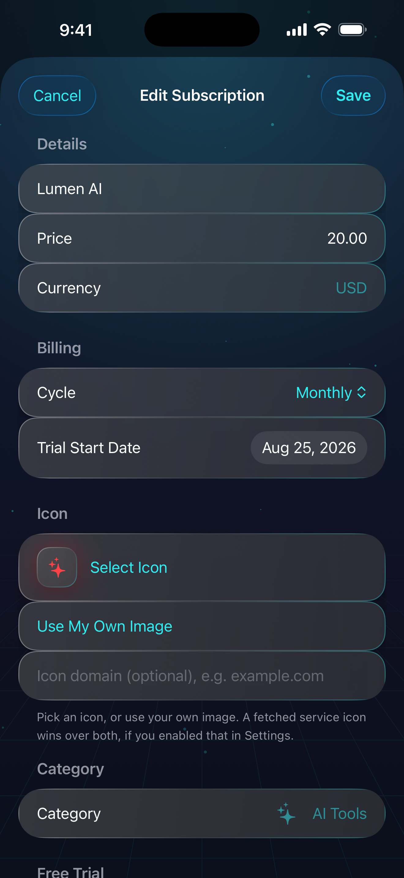 Original Subvanta Edit Subscription app screen