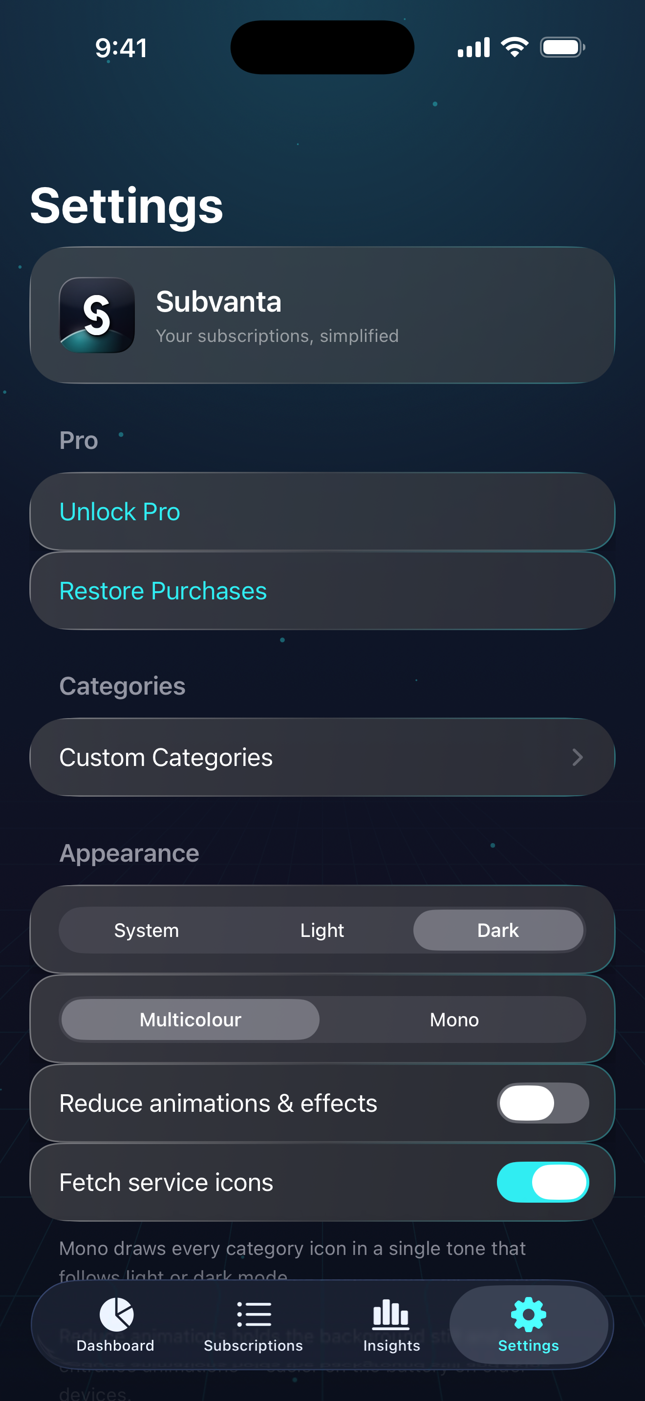 Original Subvanta Settings app screen