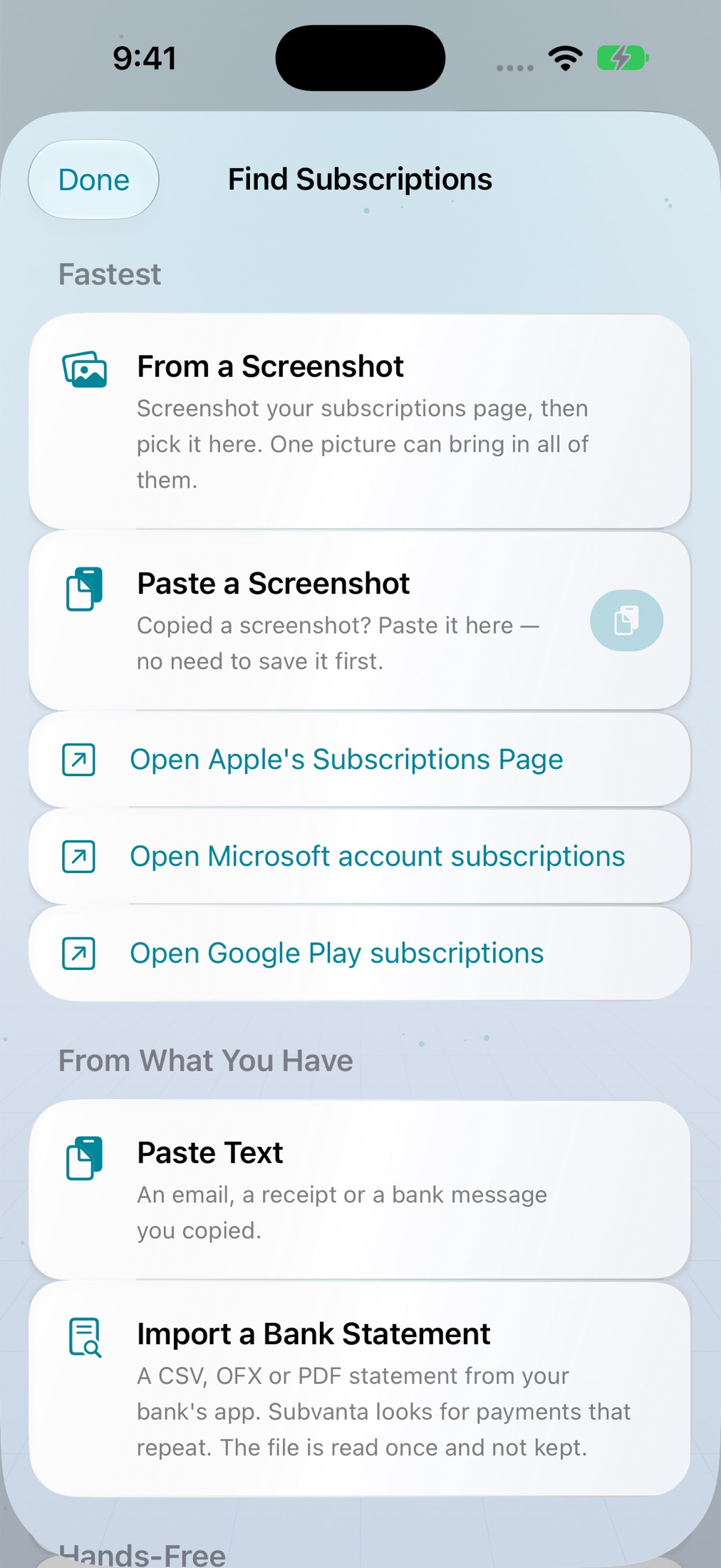 Subvanta Find Subscriptions screen with Paste a Screenshot