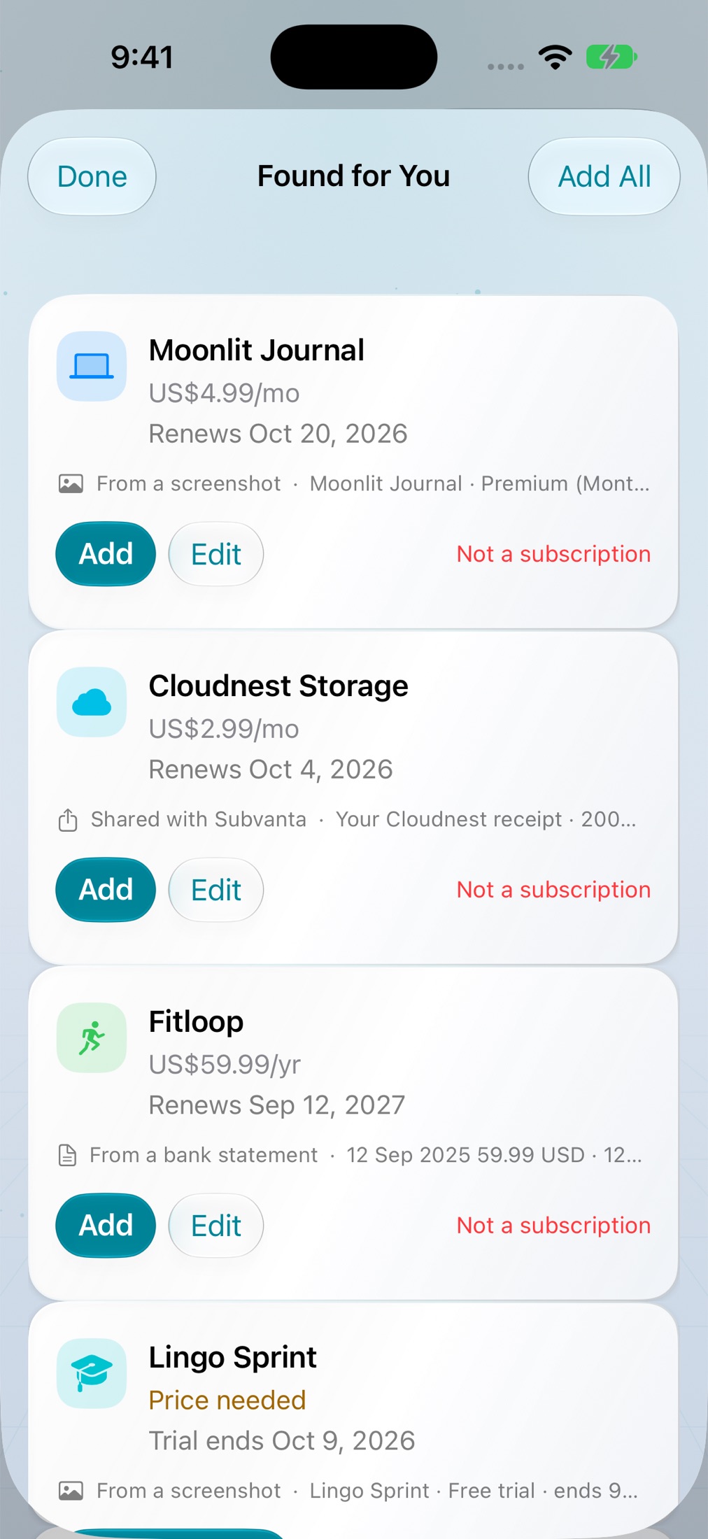Subvanta Found for You screen with suggestions and Replace or Skip